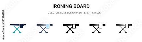 Ironing board icon in filled, thin line, outline and stroke style. Vector illustration of two colored and black ironing board vector icons designs can be used for mobile, ui, web