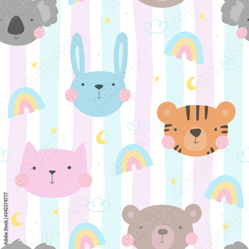 Canvas Print Seamless pattern with cute little bunny, koala, tiger, cat