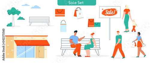 Vector sale shop and buyers shopping isolated set