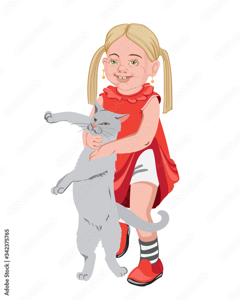 Blonde kind in red clothes playing with a cat. Annoying the pet Blonde kind in red clothes playing with a cat. Annoying the pet