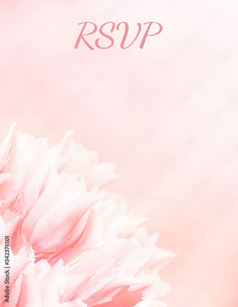 Wedding invitation card, save the date, RSVP, pink tulips, standart size A6. Greeting or invite card, elegant clear design template, light blur background.
