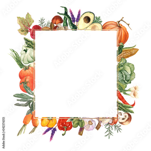 Watercolor vegetable frame. Vegetable border. Hand Drawn Watercolor Illustration.