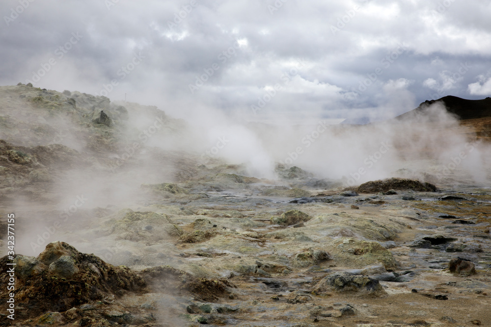 Hverir / Iceland - August 30, 2017: Hverir geothermal and sulfur area near Namafjall mountain, Myvatn Lake area, Iceland, Europe Hverir / Iceland - August 30, 2017: Hverir geothermal and sulfur area near Namafjall mountain, Myvatn Lake area, Iceland, Europe