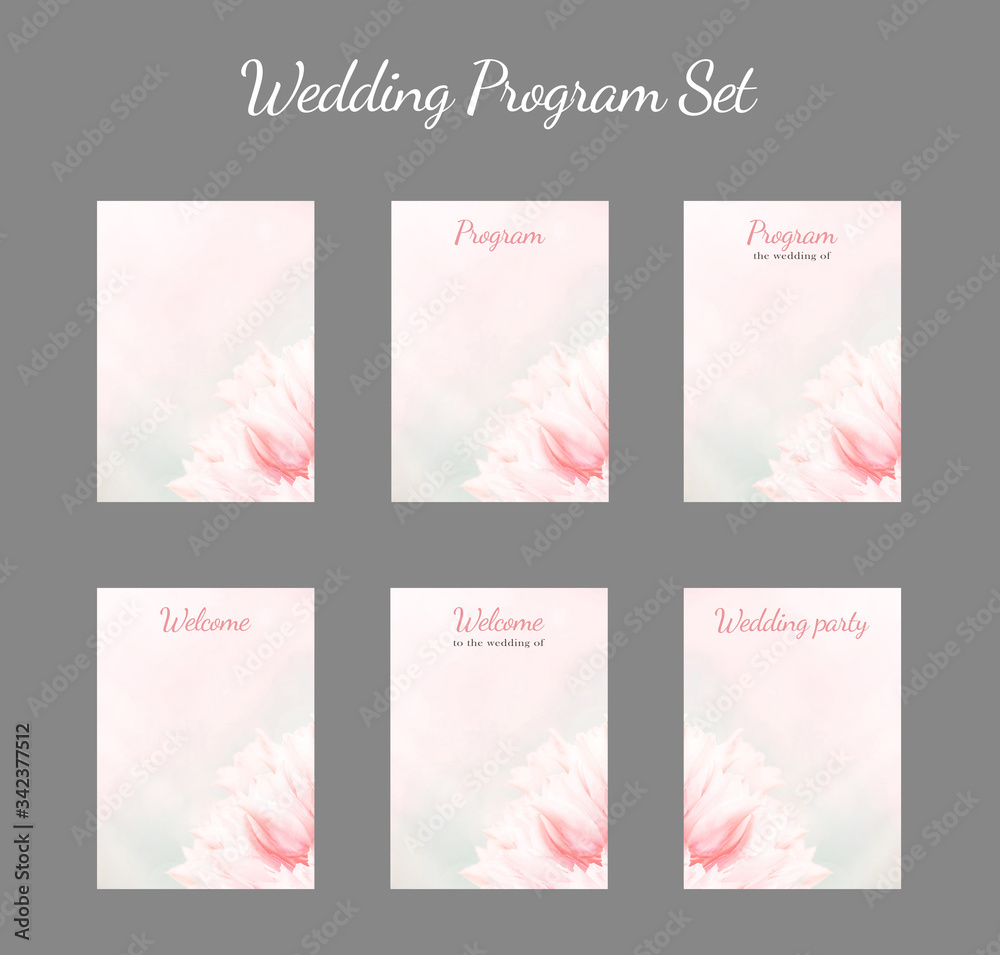 Wedding Program card set, pink tulips, vertical. Greeting, invite card, elegant clear design template, light blue blur background.