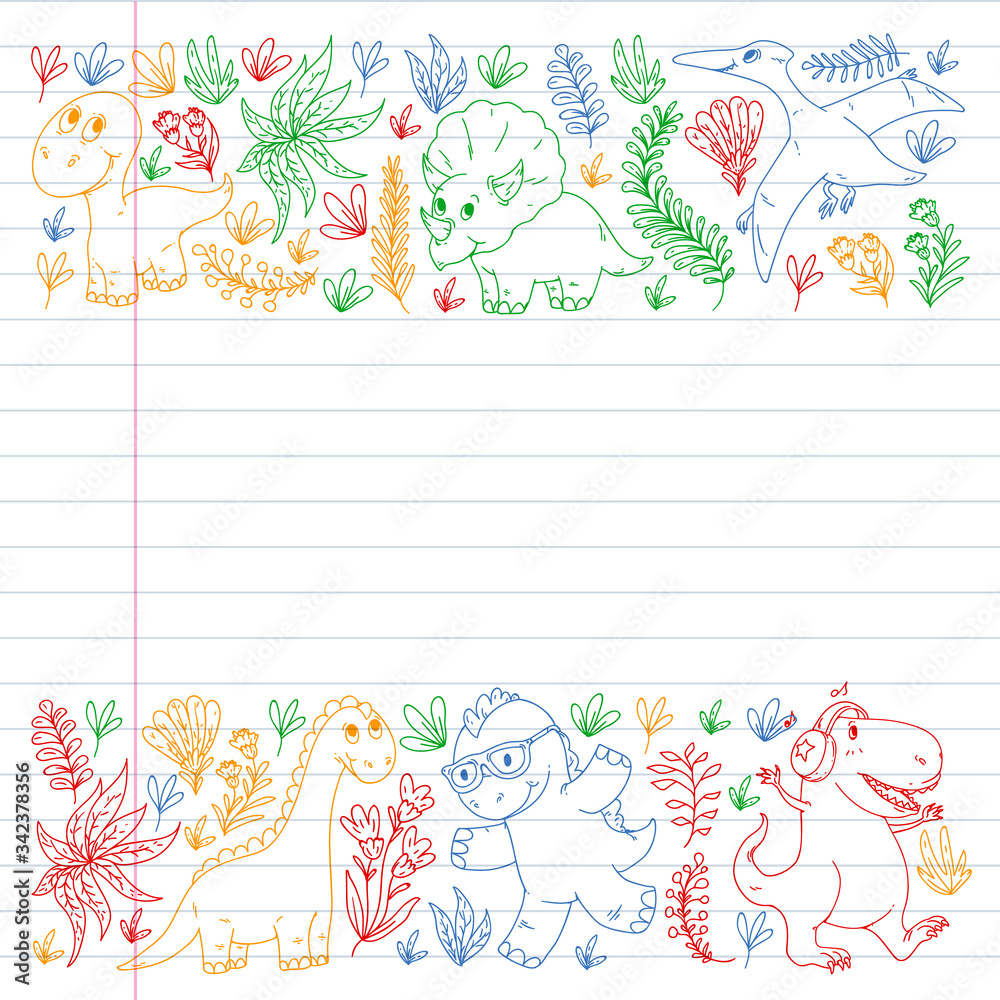 Pattern kids fabric, textile, nursery wallpaper. Vector illustration. Hand drawn dinosaurs, dino for little children.