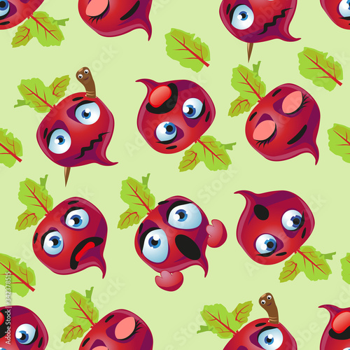 Cute seamless pattern with cartoon emoji beetroot on green background © Andreichenko