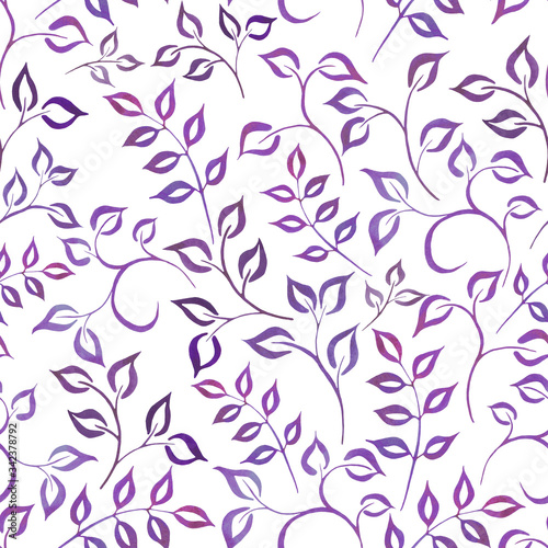 Watercolor purple leaves on a white background with splashes, drops. Seamless pattern. Hand-painted texture. Watercolor stock illustration. Design for backgrounds, wallpapers, textile, covers.