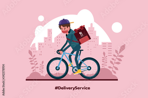 Delivery service by bike with courier. Mobile application. Flat cartoon vector illustration.