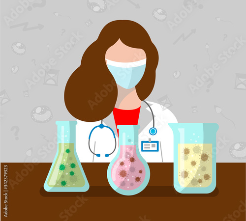 Doctor scientist in mask with coronavirus medical flask. Search research for vaccine. Flat vector illustration