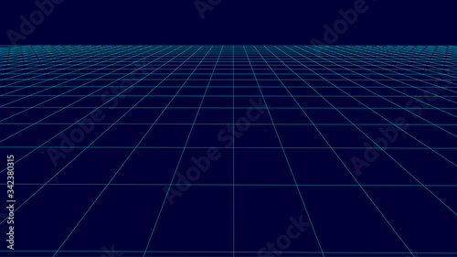 Abstract wireframe perspective grid on dark background widescreen illustration.