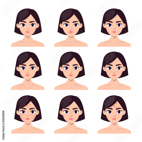 Set of female faces with plastic surgery lines