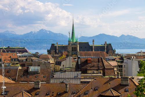 Old town Lausanne, Switzerland. The medieval city developed around the Cité promontory sculpted by the Flon and Louve rivers.