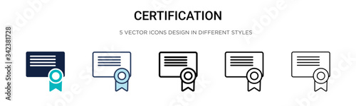 Certification icon in filled, thin line, outline and stroke style. Vector illustration of two colored and black certification vector icons designs can be used for mobile, ui, web