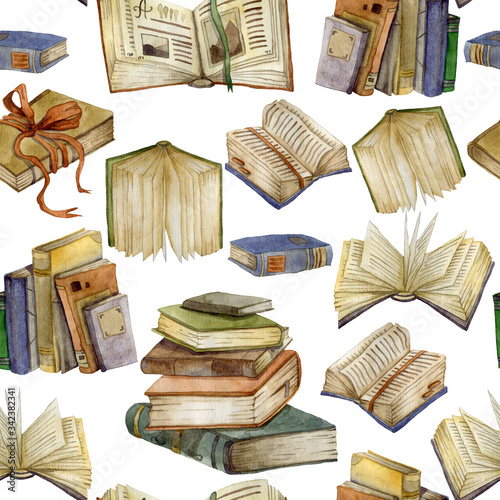 Seamless pattern with watercolor books set. Open books and stack of books. Education and knowledge concept. Isolated objects on white background. Hand drawn illustration