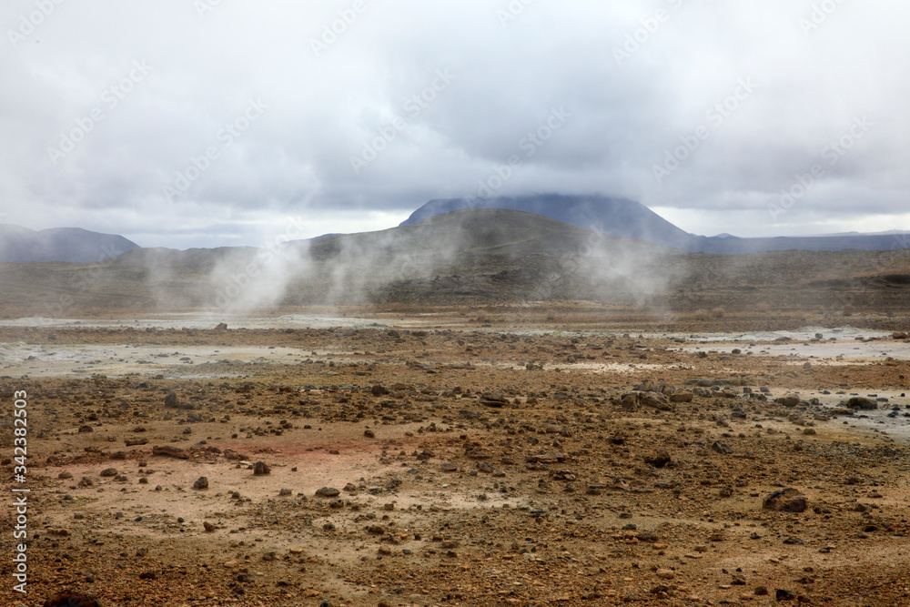 Hverir / Iceland - August 30, 2017: Hverir geothermal and sulfur area near Namafjall mountain, Myvatn Lake area, Iceland, Europe