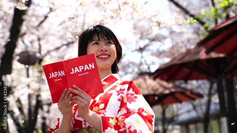 京都　満開の桜　祇園　着物の女性　JAPAN ガイドブックを持つ
