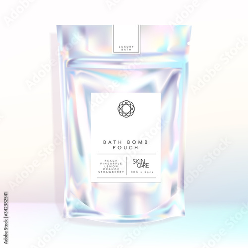 Vector Holographic Iridescent Resealable Pouch Sachet Food Snack Bath Bomb Fizzers Salt Cosmetics Skincare Gift Stationery Aromatherapy Fashion Accessory Trendy Chic Packaging