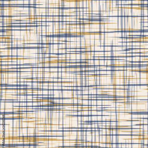 Seamless geometric cross grid pattern. French blue linen shabby chic style. Rustic kitchen woven texture  background. Interior wallpaper home decor swatch. Modern gingham check textile all over print
