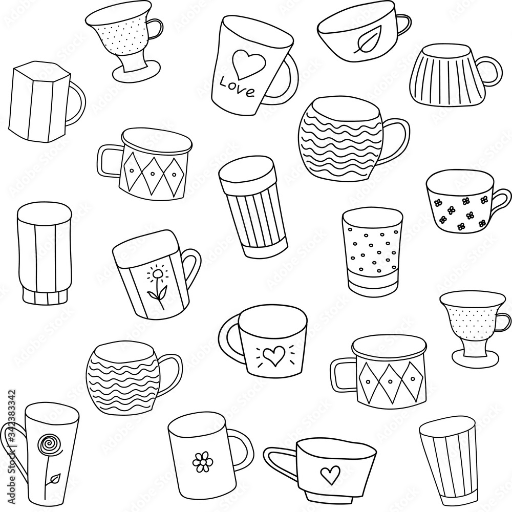 seamless vector pattern with tea cups, black on white background, isolated, with drawings, various shapes, Doodle style. suitable for fabric, packaging, and coloring pages. set of cups and glasses seamless vector pattern with tea cups, black on white background, isolated, with drawings, various shapes, Doodle style. suitable for fabric, packaging, and coloring pages. set of cups and glasses