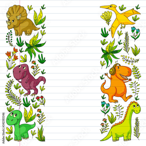 Fototapeta Naklejka Na Ścianę i Meble -  Pattern kids fabric, textile, nursery wallpaper. Vector illustration. Hand drawn dinosaurs, dino for little children.