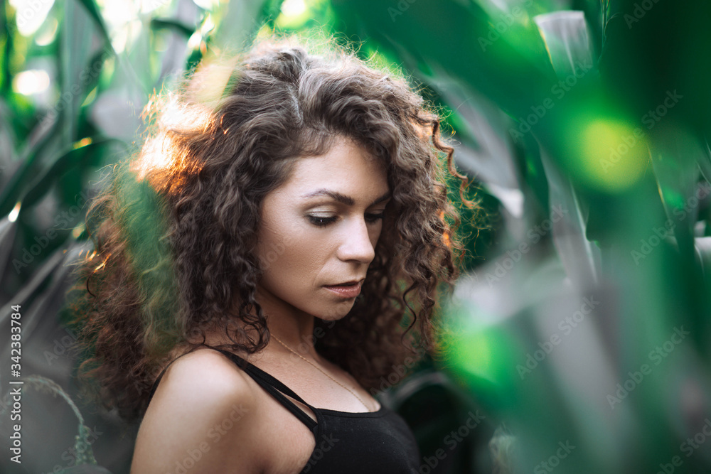 curly swarthy girl in summer corn leaves, art portrait of a woman on nature. curly swarthy girl in summer corn leaves, art portrait of a woman on nature.