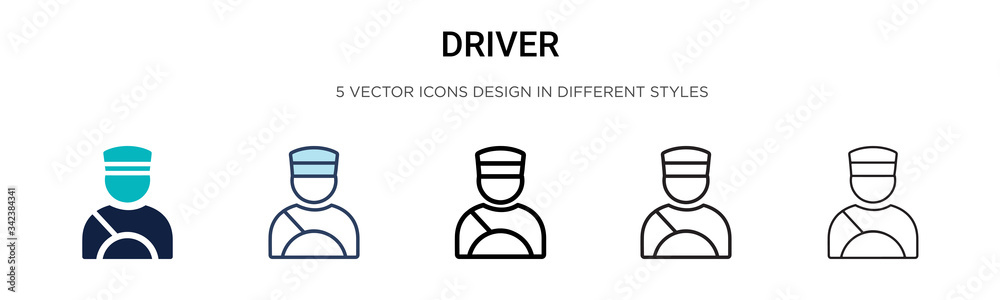 Driver icon in filled, thin line, outline and stroke style. Vector illustration of two colored and black driver vector icons designs can be used for mobile, ui, web - obrazy, fototapety, plakaty 