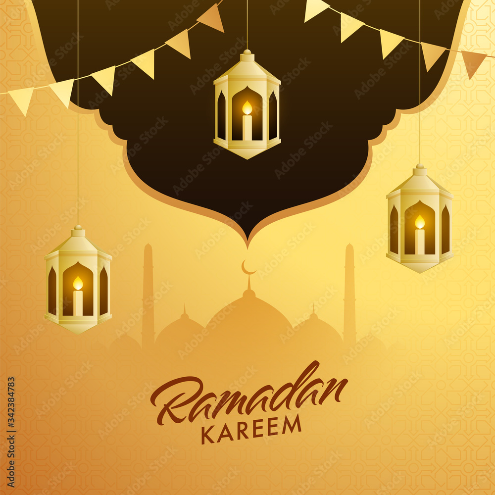 Iit candles inside arabic golden lanterns, mosque silhouette, bunting flags on brown and golden background for Islamic holy month of Ramadan Kareem occasion.