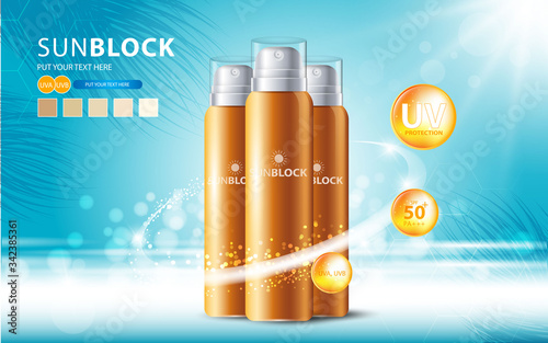 Sunblock ads template, sun protection cosmetic products design with moisturizer cream or liquid, sparkling background with glitter polka, vector design.