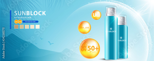 Sunblock ads template, sun protection cosmetic products design with moisturizer cream or liquid, sparkling background with glitter polka, vector design.