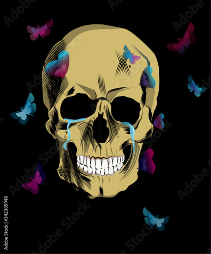 the human skeleton is crying. His heart is broken, but he's smiling. Multi-colored neon butterflies flying around it . vector illustration