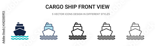 Cargo ship front view icon in filled, thin line, outline and stroke style. Vector illustration of two colored and black cargo ship front view vector icons designs can be used for mobile, ui, web