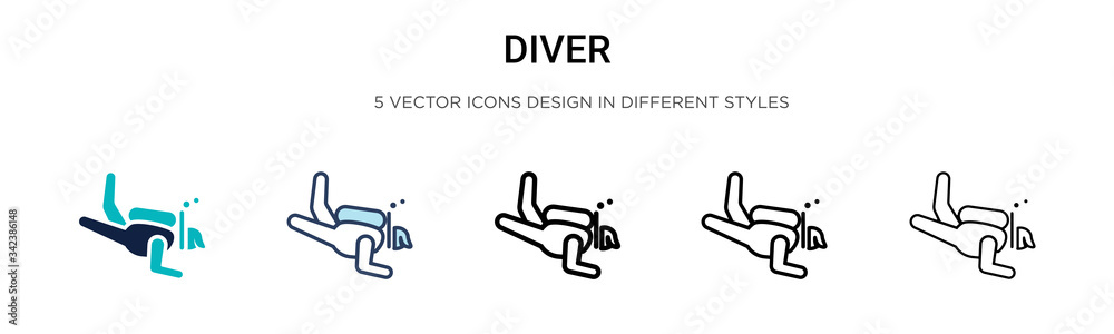 Diver icon in filled, thin line, outline and stroke style. Vector illustration of two colored and black diver vector icons designs can be used for mobile, ui, web