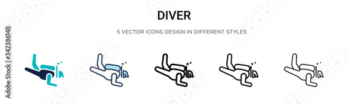 Diver icon in filled  thin line  outline and stroke style. Vector illustration of two colored and black diver vector icons designs can be used for mobile  ui  web