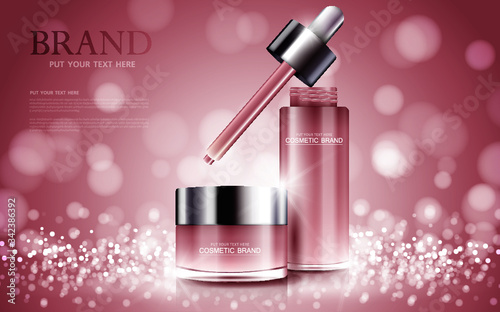 cosmetic product poster, bottle package design with moisturizer cream or liquid, sparkling background with glitter polka, vector design.