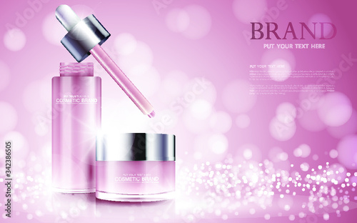 cosmetic product poster, bottle package design with moisturizer cream or liquid, sparkling background with glitter polka, vector design.