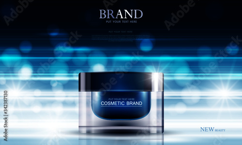 cosmetic product poster, bottle package design with moisturizer cream or liquid, sparkling background with glitter polka, vector design.
