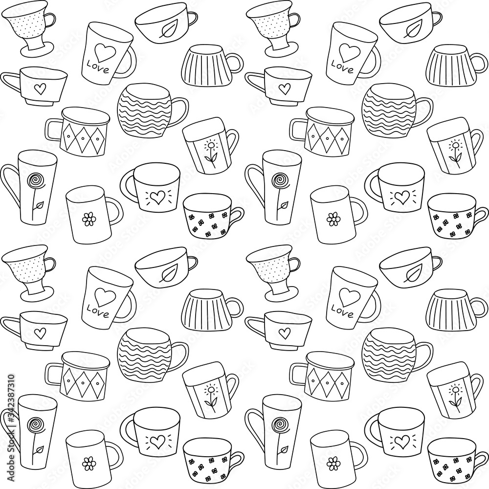 seamless vector pattern with tea cups, black on white background, isolated, with drawings, various shapes, Doodle style. suitable for fabric, packaging, and coloring pages