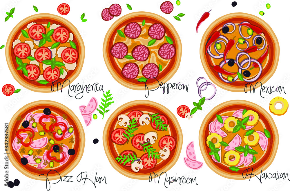 Set of pizzas with various fillings. Vector illustration. Set of pizzas with various fillings. Vector illustration.