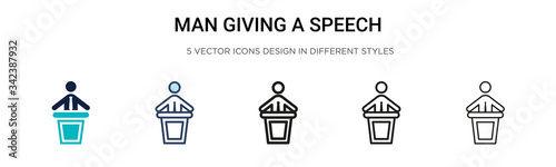 Man giving a speech icon in filled, thin line, outline and stroke style. Vector illustration of two colored and black man giving a speech vector icons designs can be used for mobile, ui, web