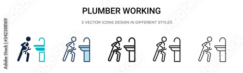 Plumber working icon in filled, thin line, outline and stroke style. Vector illustration of two colored and black plumber working vector icons designs can be used for mobile, ui, web