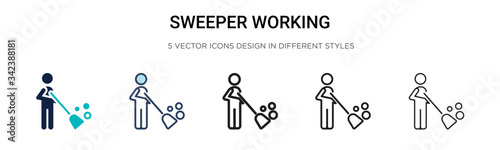 Sweeper working icon in filled, thin line, outline and stroke style. Vector illustration of two colored and black sweeper working vector icons designs can be used for mobile, ui, web