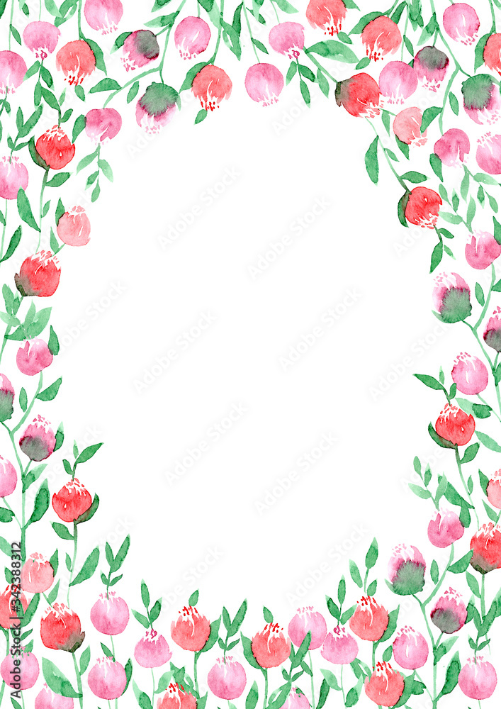 Watercolor loose style pink, red, flower and green leaves oval frame. Modern trendy template for invitation, wedding, banner, greeting card design. Poster print with peony, rose