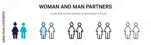 Woman and man partners icon in filled  thin line  outline and stroke style. Vector illustration of two colored and black woman and man partners vector icons designs can be used for mobile  ui  web