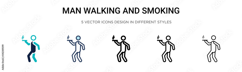 Man walking and smoking icon in filled, thin line, outline and stroke style. Vector illustration of two colored and black man walking and smoking vector icons designs can be used for mobile, ui, web