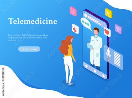 Illustrated concept with woman talking to doctor on a smart phone with emoticons. Vector illustration