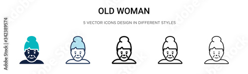 Old woman icon in filled, thin line, outline and stroke style. Vector illustration of two colored and black old woman vector icons designs can be used for mobile, ui, web