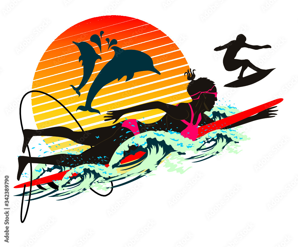 surfer woman palm beach graphic design vector art