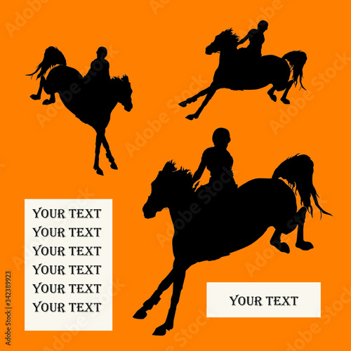 set three riders and a place for your text. rider jumping over an obstacle on a horse, isolated images, black silhouette on a colored background, for decoration and design