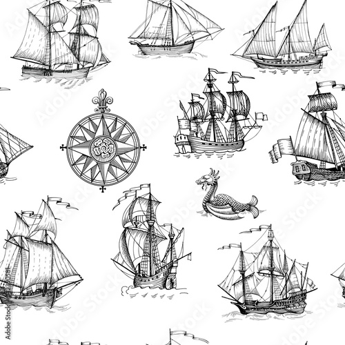 Old caravel, vintage sailboat, sea monster. Vector seamless pattern
