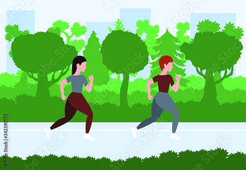 Two women dressed in sportswear jog through the Park. Sports competitions, outdoor training, fitness, physical exercises, athletics. Healthy active lifestyle. Flat vector illustration. EPS 10.